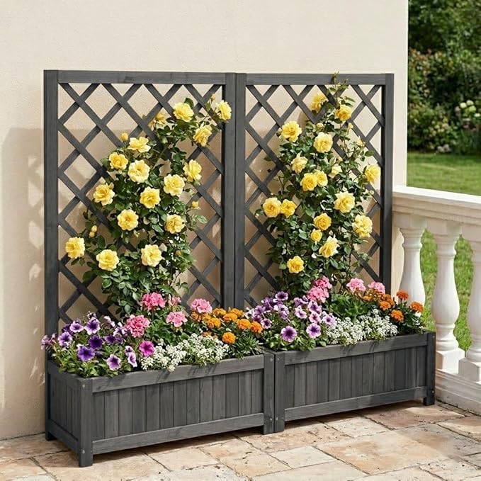 Wooden Raised Garden Bed with Trellis, 40" Outdoor Planter Box for Climbing Plants, Vertical Modern Gray Garden Planter for Vegetables, Flowers & Vines, Lattice Plant Support for Patio Yard Balcony