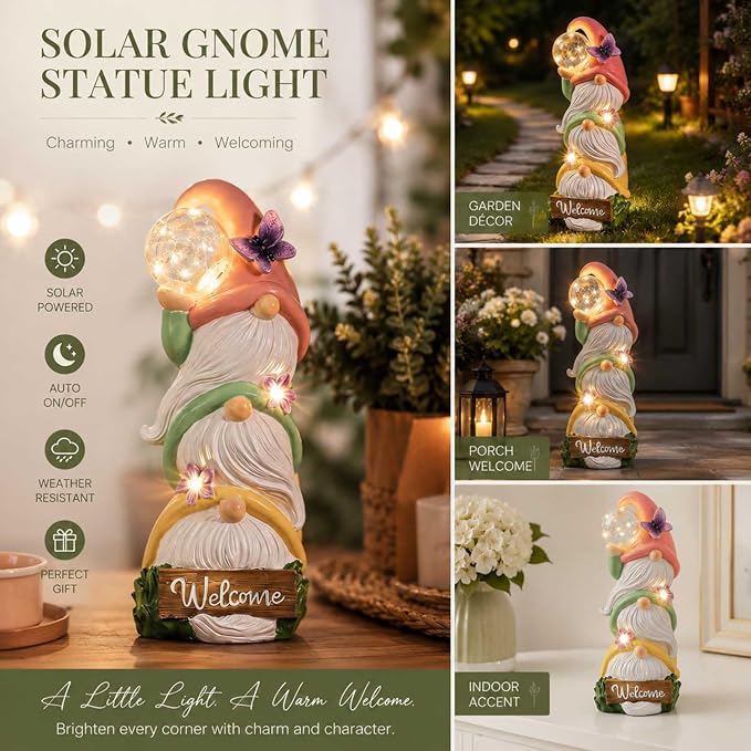 Large Garden Gnome Statues Solar Lights, Waterproof Outdoor 3 Stacked Spring Gnomes Sculptures Gifts Idea for Birthday Mother Father Day Christmas Thanksgiving 12 Inch Welcome Sign Porch Decor