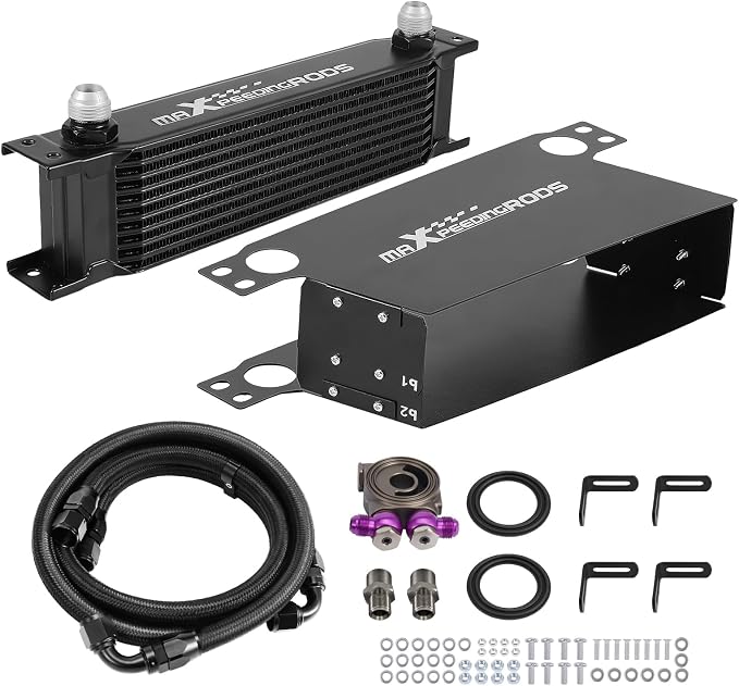 maXpeedingrods 10 Row Oil Cooler Kit, 10AN Transmission Engine Cooler British Radiator Universal Aluminium Black, Banjo Fittings Oil Filter Sandwich Adapter, Air Guide Kit and Oil Cooler Hoses