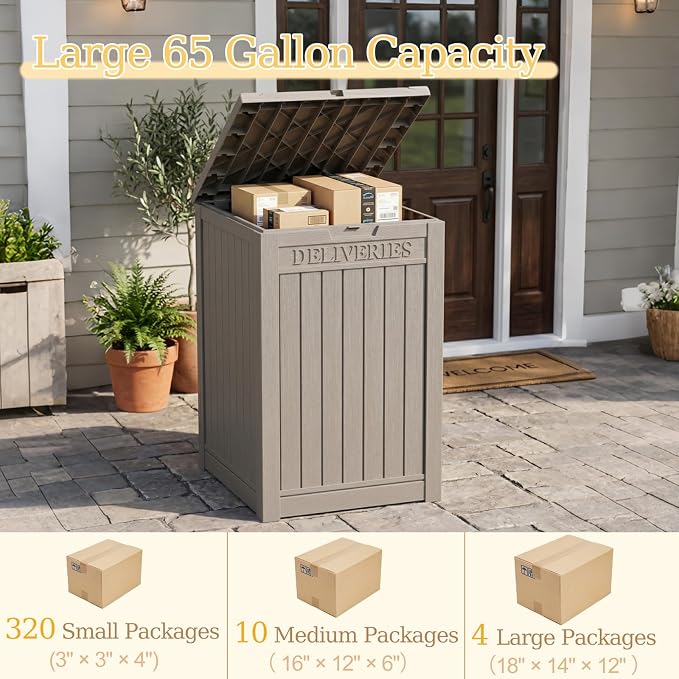 Outdoor Storage Box, 65 Gallon Package Delivery Boxes for Outside, with Lockable Secure, Deck Box Outdoor Waterproof for Entryway, Front Porch, Backyard, Garden, Patio, Lawn, Grey