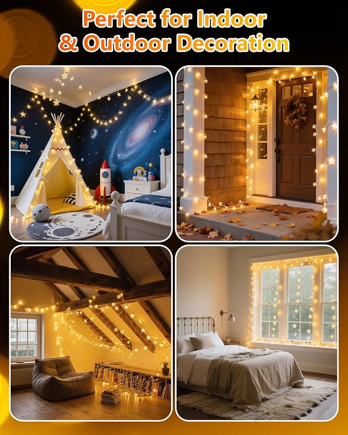 Twinkle Star 100 LED Star String Lights, 33FT Plug in Fairy String Lights Waterproof for Bedroom Decor, Indoor, Outdoor, Wedding Party, Christmas Tree, New Year, Ramadan, Warm White