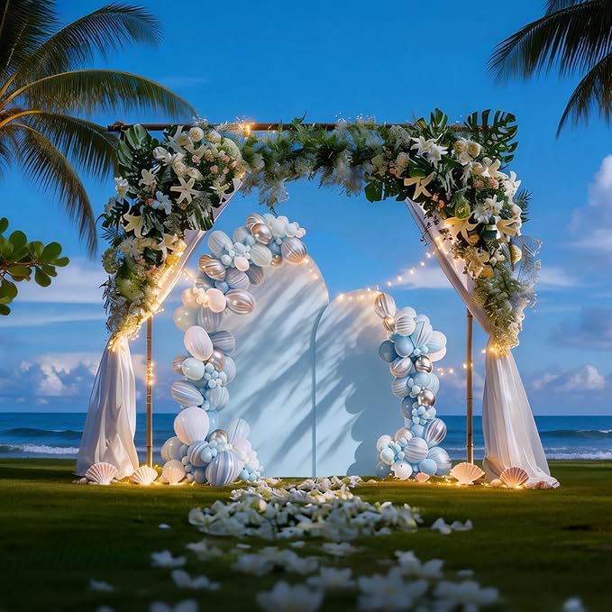 SuuWoee Arch Backdrop Stand Set of 2 With Blue Cover (7.2FT+6FT),Gold Metal Wedding Arch Balloon Stand With Cover for Birthday Party Baby Shower Graduation Ceremony Decoration