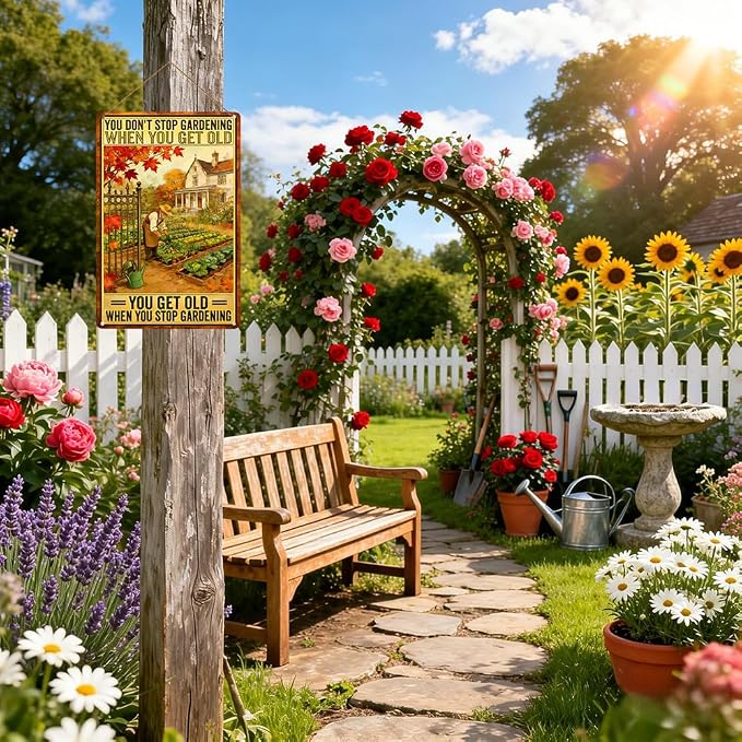 Funny Gardening Sign,"You Don't Stop Gardening When You're Old" Vintage 8x12 Inch Tin Sign Birthday Present for Mom, Grandma, Plant Lover, Retired Gardener Gift (3009)