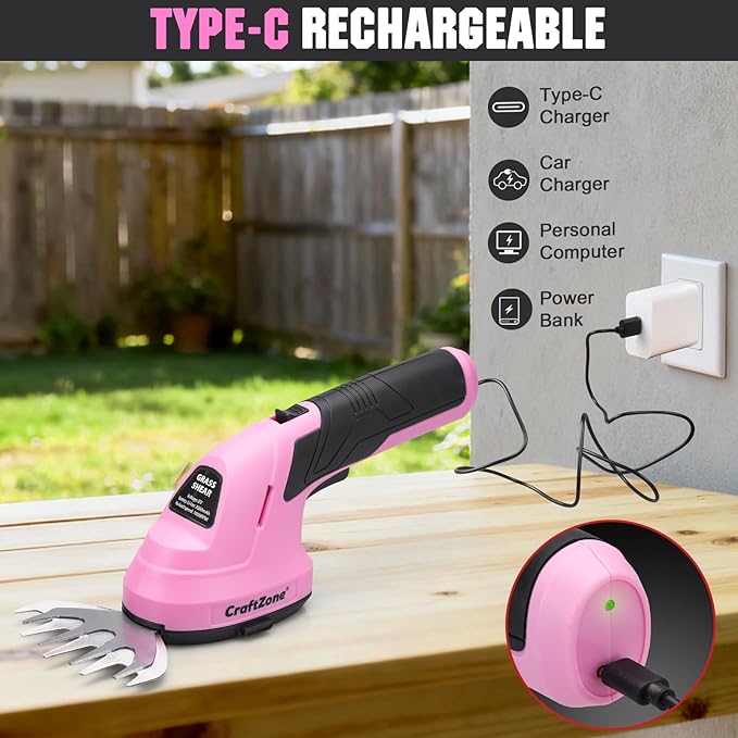 2-in-1 Cordless Grass Shear and Hedge Trimmer - Pink, 8V Handheld Electric Shrub Trimmer/Grass Cutter with Rechargeable Lithium-Ion Battery and Type-C Charging Cable
