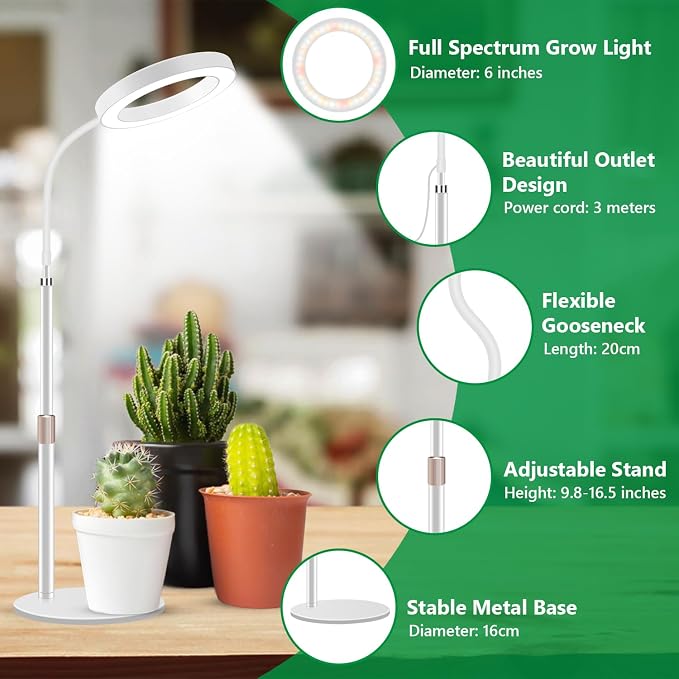 Aumtrly Grow Lights for Indoor Plants, 80 LED Full Spectrum Desk Plant Light for Growing Small Plant, Height Adjustable 24.5" Halo Grow Lamp with Base, 6/12/16H Timer, 3 Light Modes, 5 Dimming