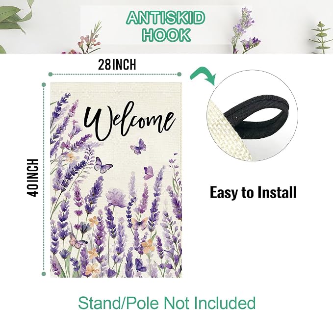 Baccessor Spring Welcome Lavender House Flag 28 x 40 Inch Vertical Double Sided Burlap Butterfly Purple Floral Flower Farmhouse Large Flag Holiday Seasonal Porch Outdoor Outside Decoration