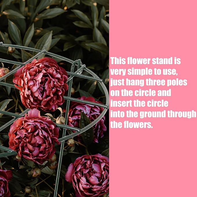 2 Pcs Flower Support Rings, Peony Cage Plant Support Stake,Grow Through Grid Plant Brace, Hoops with 3 Pcs Legs for Heavy Blossoms (2 pcs 24")