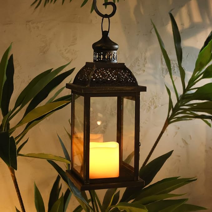 Lanterns Decorative Indoor&Outdoor, 14.4'' Large Black Square Hanging Lanterns, Vintage Metal Candle Holder for Outdoor Patio Front Door Porch Wedding Party Decor