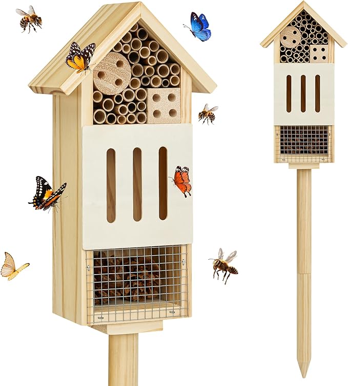 Bee House Bug Hotel & Butterfly House with Stake, Handcrafted Wooden Ladybug Hotel, Natural Insect Habitat for Garden, Patio, or Yard, Attracts Pollinators, 10.4 x 5.5 x 3.2 Inches,14 inches Stake
