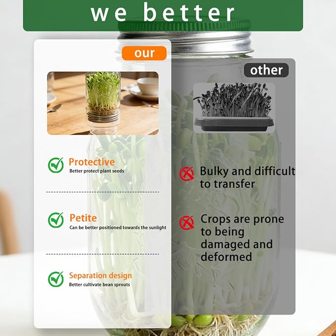 Sprouting Jar Kits, Wide Mouth Quart Mason Jars with Stainless Steel Screen Sprout Lids, Seed Sprouter Setfor Bean Alfalfa Vertical Vegetable