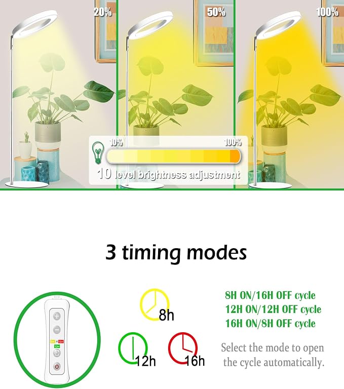 yadoker 144 LEDs Full Spectrum Plant Grow Light for Indoor Plants，Height Adjustable, 6.3" Aluminum Housing,Automatic Timer with 8/12/16 Hours,10-Level Brightness,White Plant Light with Base,2Pack