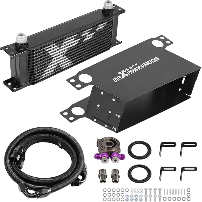 maXpeedingrods 13 Row Oil Cooler Kit, 10AN Transmission Engine Cooler British Radiator Universal Aluminium Black, Banjo Fittings Oil Filter Sandwich Adapter, Air Guide Kit and Oil Cooler Hoses