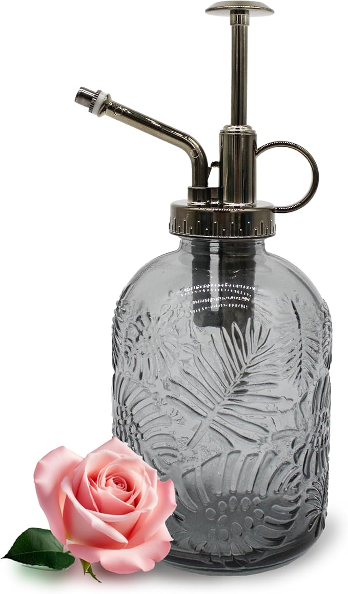 Glass Plant Mister Spray Bottle, 350ML Vintage Plant Spritzer, Succulent Watering Bottle Glass with Top Pump, Small Plants Sprayer Watering Can for Indoor (Gray)