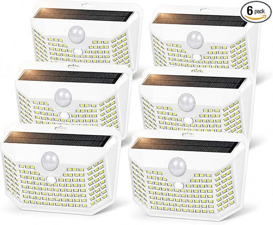 HMCITY 120 LED Solar Lights Outdoor with Motion Sensor and 3 Lighting Modes, IP65 Waterproof Wide Solar Wall Lights Ideal for Garden Patio Yard (Front Button 6Packs, White Shell-Daylight White)