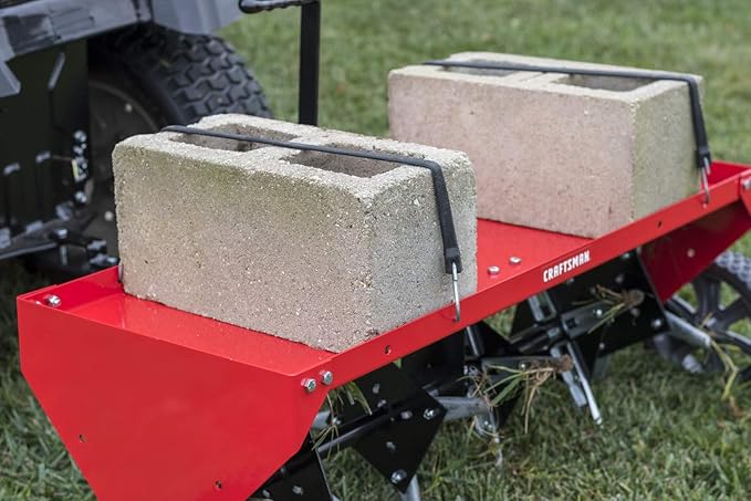 Craftsman 40 Inch Tow Behind Lawn Plug Aerator with 24 Galvanized Steel Coring Points and 140 lb Weight Tray
