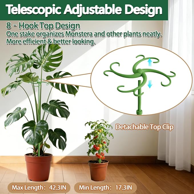 Plant Stakes, Telescoping Plant Support 5Pack 17.3 to 42.3IN Adjustable Monstera Plant Support, Garden Stakes with Clips,Sturdy Plant Sticks for Indoor Outdoor Plants,Orchid, Tomato,Vine,Monstera