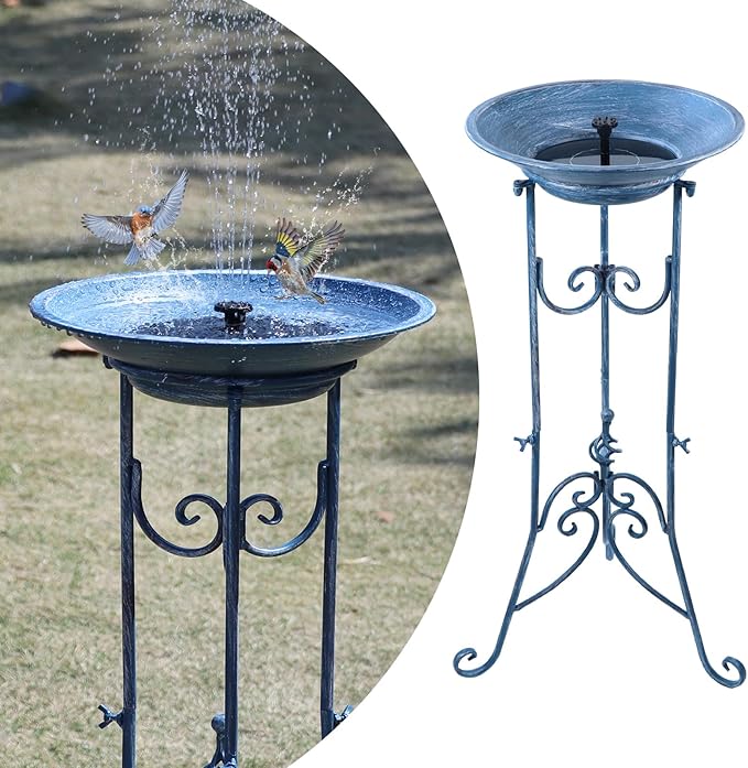 Multifunctional Solar Bird Bath for Outside, Metal Birdbath Stand and Solar Fountain Bird Bath Bubbler Combo Set, Solar Birdbaths for Outdoors Garden Lawn Yard Decor（Blue）