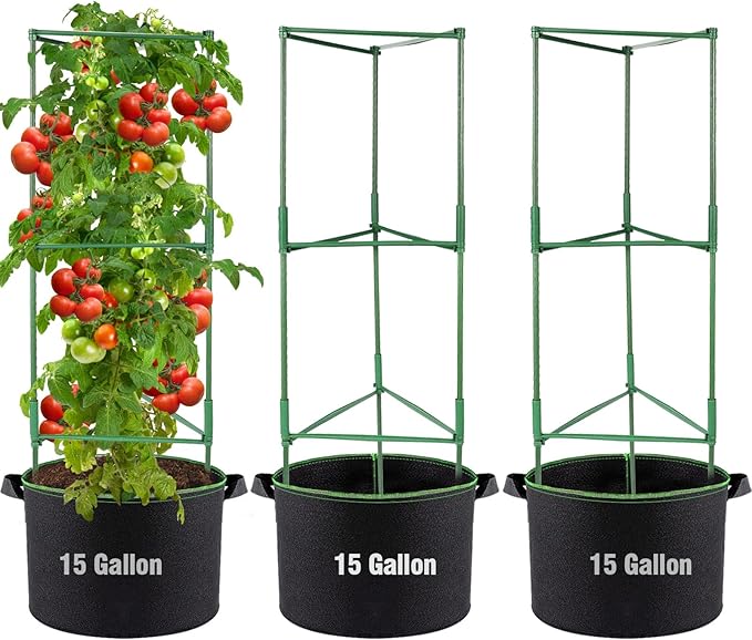 ANPHSIN Sturdy Triangle Tomato Cage with Movable 15 Gal Grow Bags - 3 Sets 47'' Plants Garden Trellis Planters, Support for Indoor Outdoor Beans, Peppers, Eggplants, Climbing Vegetables