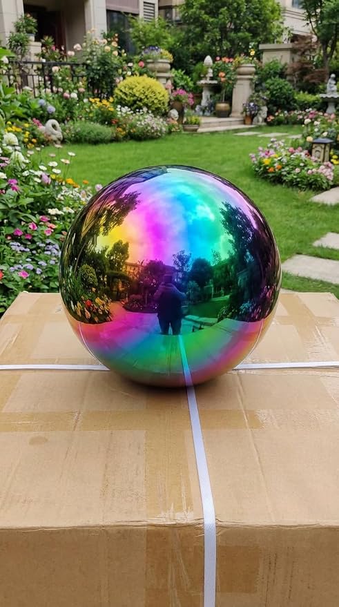 12 inch Diameter Gazing Ball,Rainbow Stainless Steel Polished Reflective Smooth Garden Sphere Globe Mirror,Colorful and Shiny Addition to Any Garden or Home