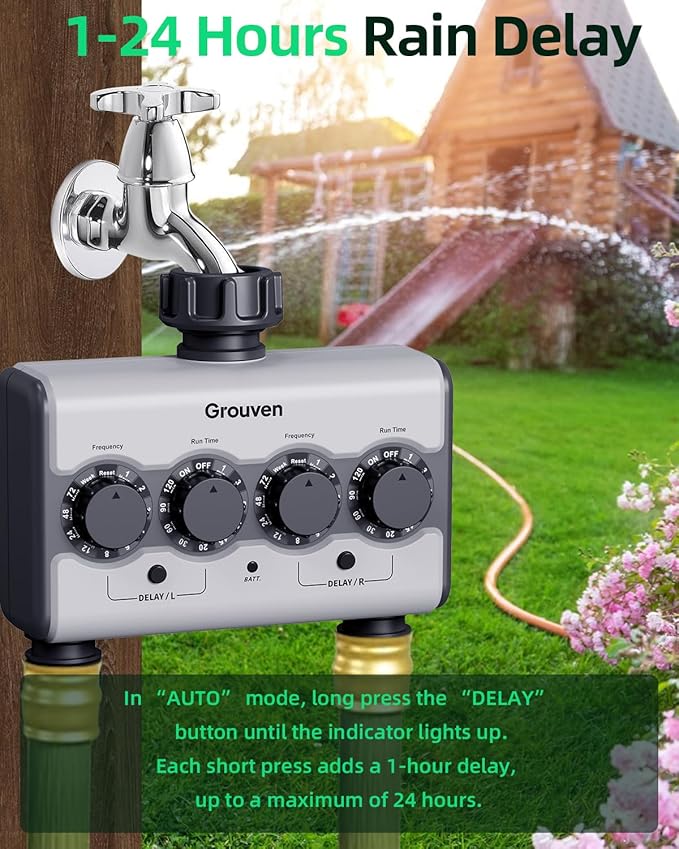 Dual Outlet Ball Valve Water Timer, Brass Inlet Sprinkler Timer No Water Pressure Required 2 Independent Zones with Rain Sensor Port & Delay Function for Garden Lawn Flower Bed