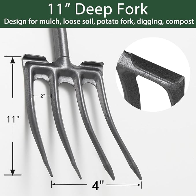Pitch Fork, Metal Broadfork Garden Tool Long Handle, 4 Tine Mulch Hay Manure Digging Bedding Hay Potato Garden Fork Shovel for Gardening Loosening Soil Compost