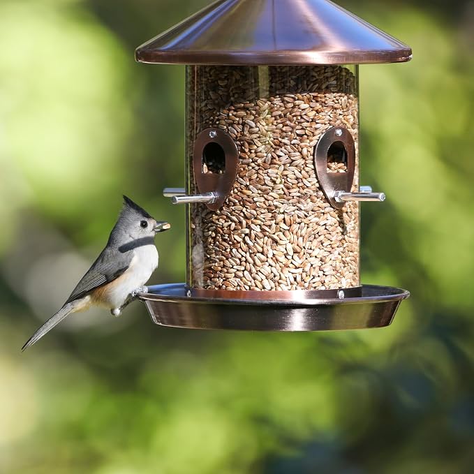 Kingsyard 4.5-Cups Large Metal Bird Feeders for Outdoors Hanging with 8 Ports, Tube Bird Feeder with Seed Tray, Weatherproof Chew Proof Roof for Cardinal Finch, Copper
