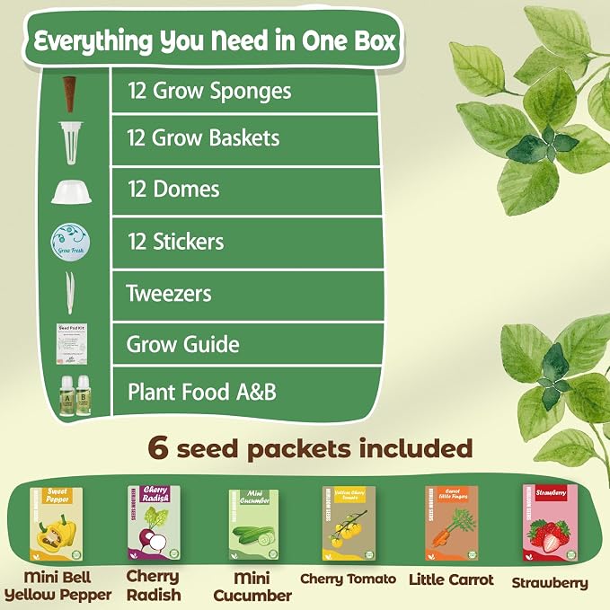 Fruit Seed Pods Kit Hydroponic -12 Refill Grow Pods with 6-Packet Seeds of Mini Cucumber/Bell Pepper/Carrot, Strawberry, Cherry Tomato & Radish, Compatible with All Hydroponics Growing Systems