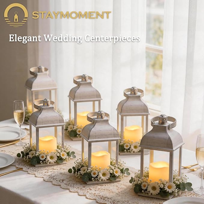 Wedding Decor White Lanterns: 6 Pcs LED Flameless Decorative Indoor Outdoor Farmhouse Candle Holder Bulk for Tables Centerpieces