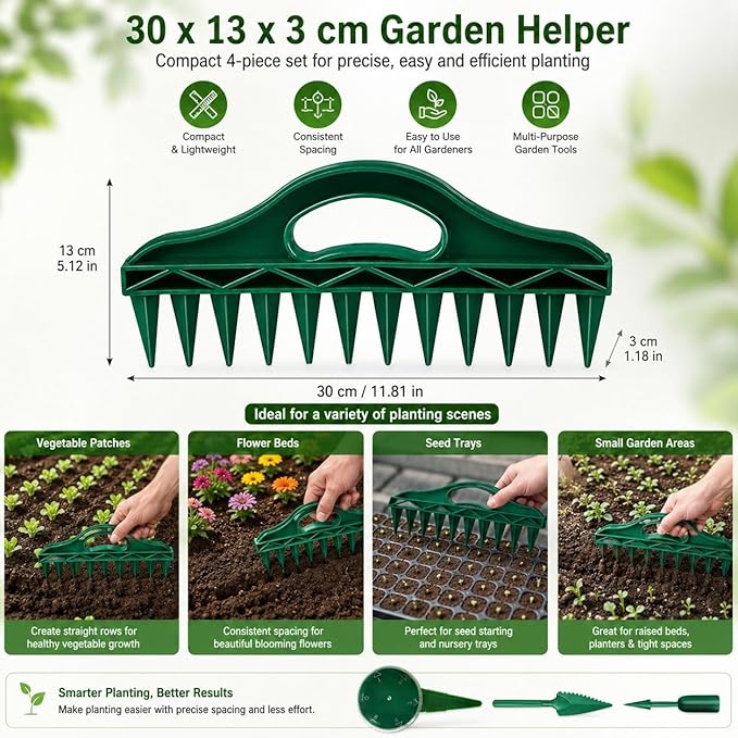 GOOGO Seed Spreader 4 Piece Sowing Tool Set, Green Garden Seed Spacer with 12 Holes and 5 Outlet Seed Dispenser, Handheld Planter for Vegetables and Flowers