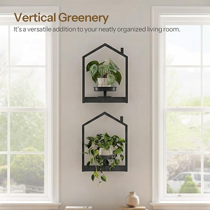 HOOBRO Hanging Planters for Indoor Plants, Wall Plant Holder Set of 2, Plant Hanger Indoor Window Plant Shelves, Metal Frame, Space Saving, for Living Room Outdoor Entryway, Black BK08HJP201
