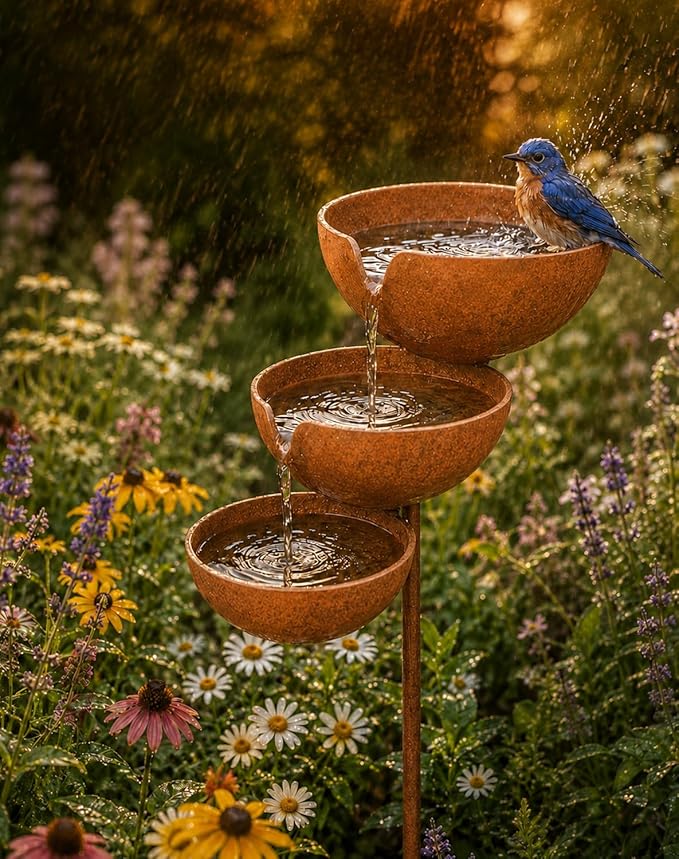 Rain Catcher Bird Bath & Multi-Tiered Water Feature, Rustic Metal Garden Stake, Safe Shallow Bee-Friendly Hydration Bowls, Weather-Resistant Outdoor Bird Bath for Yards, Lawns, Gardens，Light Copper