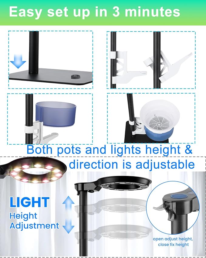Indoor Plant Hydroponics Growing System Tower Kit with Grow light,Herb Vegetable Indoor Garden Growing System with Standing Floor Tall LED Grow Light,Height Adjustable with Timer & Metal Stand (Large)