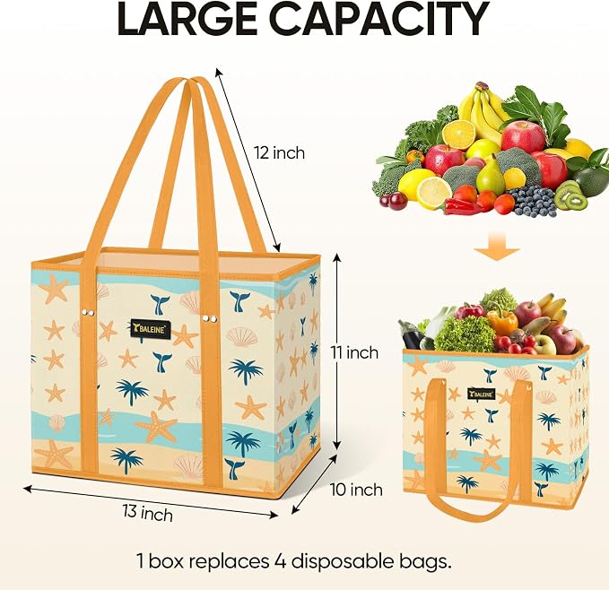 BALEINE 3Pk Reusable Grocery Bags, Foldable Shopping Bags for Groceries with Reinforced Bottom & Handles (Summer Beach-Yellow)