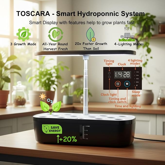 HGS-02 Soil-Free Hydroponics Growing System - 4L Tank with Smart LED Screen, 12 Pods Adjustable Height, LED Grow Light for Indoor Plants, Grow herbs Year-Around, hydro garden gifts for Plant Lovers