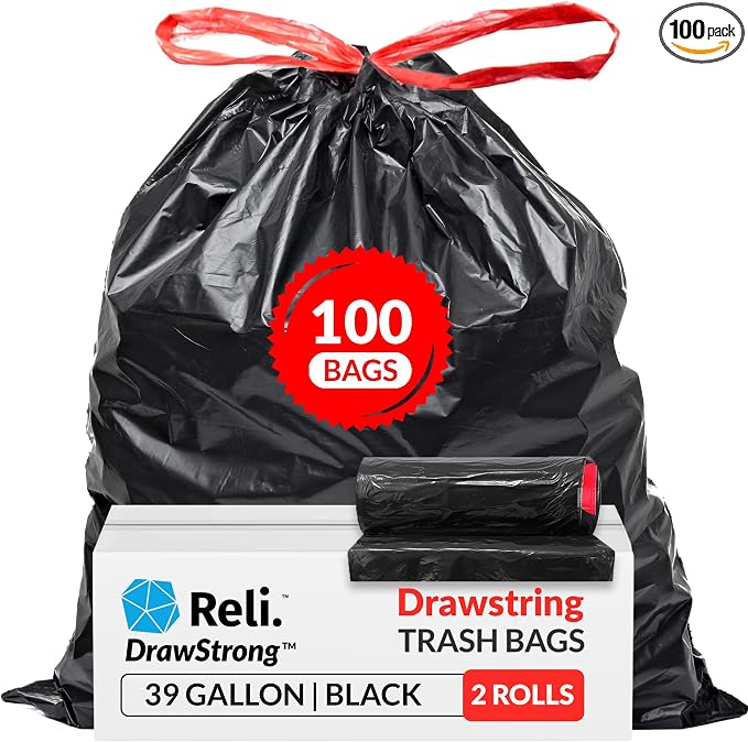 Reli. 39 Gallon Trash Bags Drawstring (100 Count) Large 39 Gallon Heavy Duty Drawstring Trash Bags, Garbage 39Gal Capacity, Lawn Leaf (39Gal, Black)