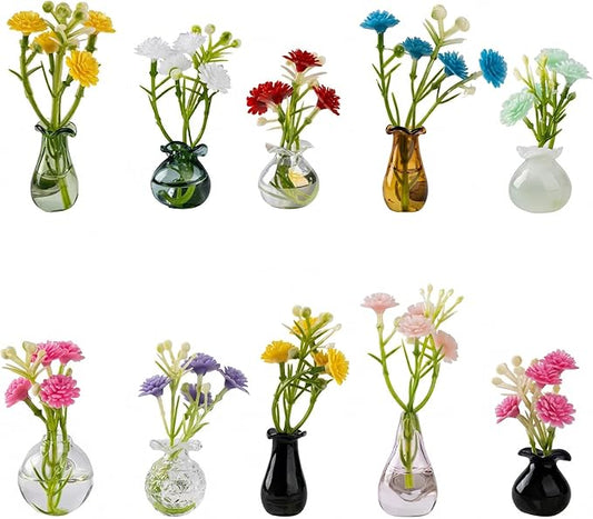 10-Pack Magnetic Mini Glass Vases Set with 30+ Flowers - Strong Magnet Decor for Fridge, Locker and Office - Small for Mom and Women