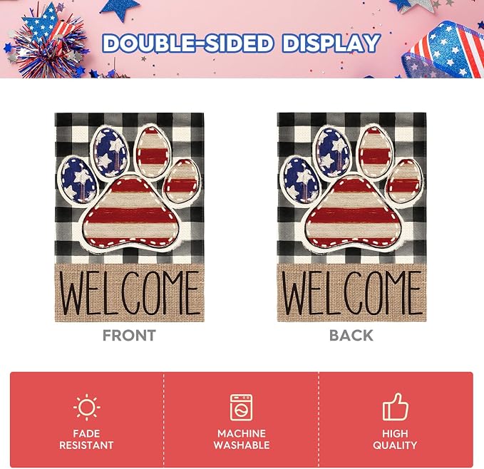AVOIN colorlife American Flag Paw Print Patriotic 4th of July House Flag 28x40 Inch Double Sided Outside, Welcome Buffalo Plaid Yard Outdoor Decoration