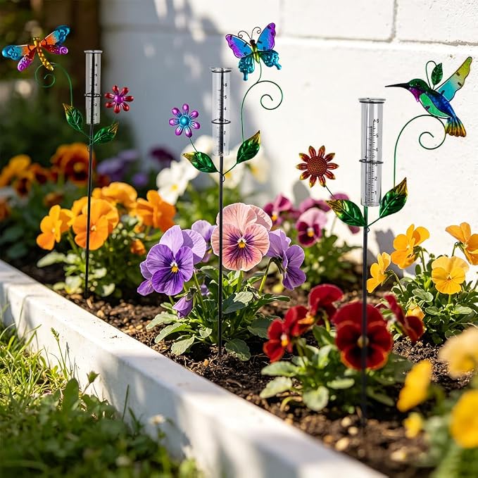 Rain Gauge Outdoor, 3 Pcs Hummingbird & Dragonfly & Butterfly Rain Gauges with 6" Plastic Tube, Metal Decorative Garden Stakes for Yard Patio Lawn Decor