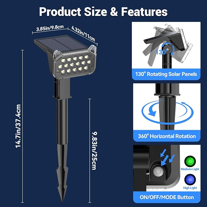 Solar Spot Lights Outdoor Waterproof IP65, Super Bright LEDs with Lens, 6500K 2 Lighting Modes, 2 in 1 Auto On/Off Solar Powered Spotlights for Outside Landscape Holiday Decor, 4 Pack