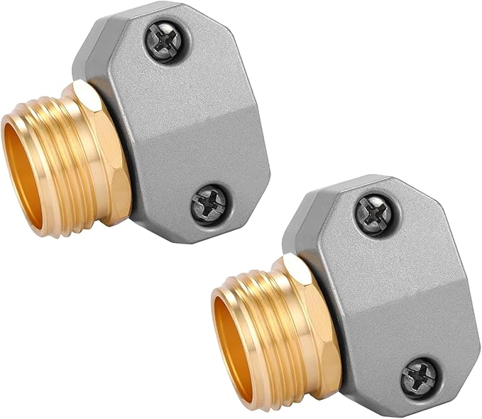 Hourleey Garden Hose Repair Fittings, Aluminum Male Coupling Menders with Zinc Clamps, Water Hose End Repair Connector for 3/4 Inch and 5/8 Inch, 2 Pack
