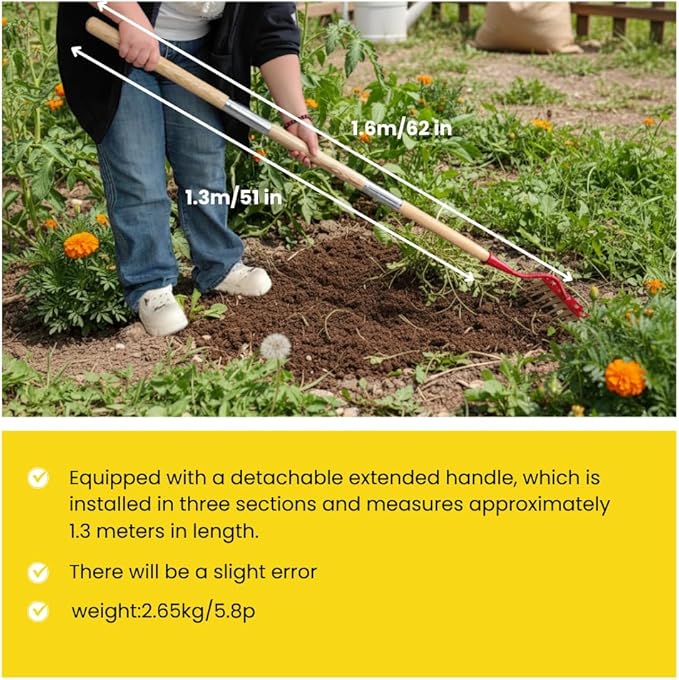 Red Upgrade 3.0 Weeding Rake | 7-Tine Carbon Steel Head & 3X Wood Handles | Quick-Lock Rotating Mechanism | Heavy Duty Garden Tool for Cultivating, Soil Aeration, Lawn Care (red)