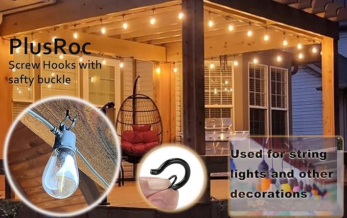 PlusRoc 20 Pack Outdoor Screw Hooks for Hanging Plants String Lights Heavy Duty, 2.2 Inch Eye Hook Screw in Cup Hooks Q-Hanger for Patio Lights, Ceiling Wall Wood Fence Deck Mount(Black)