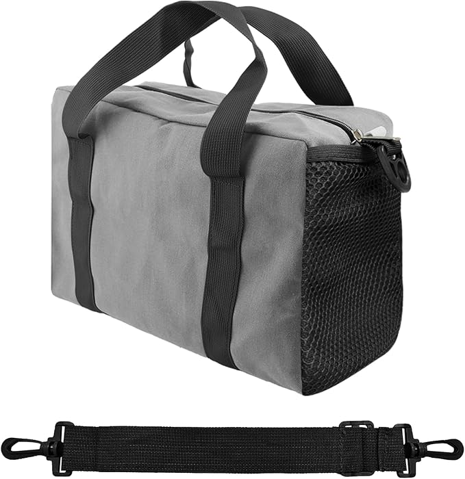 Small Tool Bag,Close Top Wide Mouth Tool Organizer Bag,Large Capacity Tool Bags for Men,Canvas Tool Storage Bag for Storage Handbag for Screwdrivers,Wrench (Shoulder strap+Gray, 12 Inch)