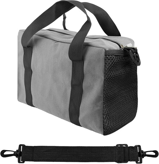 Small Tool Bag,Close Top Wide Mouth Tool Organizer Bag,Large Capacity Tool Bags for Men,Canvas Tool Storage Bag for Storage Handbag for Screwdrivers,Wrench (Shoulder strap+Gray, 16 Inch)