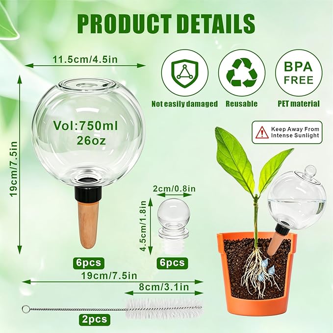 6 Pack 26 oz Extra Large Self Watering Globes with 2 Brushes, Top Fill Plastic Water Bulbs with Slow Release Terracotta Planter Insert, Automatic Plant Water Spikes Stakes for Indoor Outdoor Plants