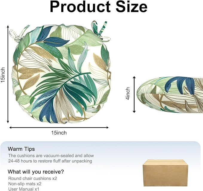 DYTXIII Set of 2 Outdoor Round Chair Cushions 15"x15"x4" with Ties, Water Repellent Tufted Bistro Seat Cushions, Thick Patio Chair Pads for Bar Stool, Garden & Dining Furniture - Lush Leaf Green