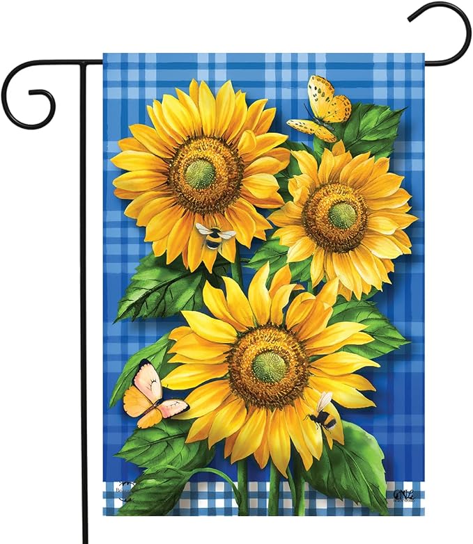 Briarwood Lane Blue Sunflowers Summer Garden Flag Plaid Floral 12.5" x 18"