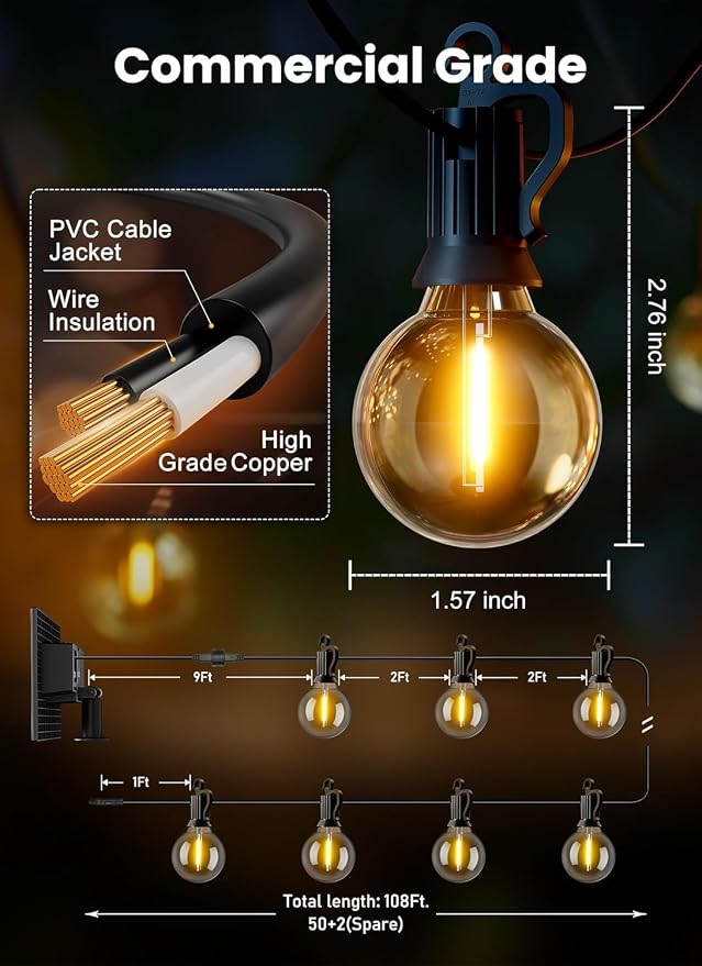 Brightown 108FT 52LED Solar String Lights Outdoor with Remote & USB Port, Shatterproof Bulbs, Dimmable & Timable, 3 Modes, Patio Lights Solar Powered with Mount Clips for Camping Backyard Garden Decor