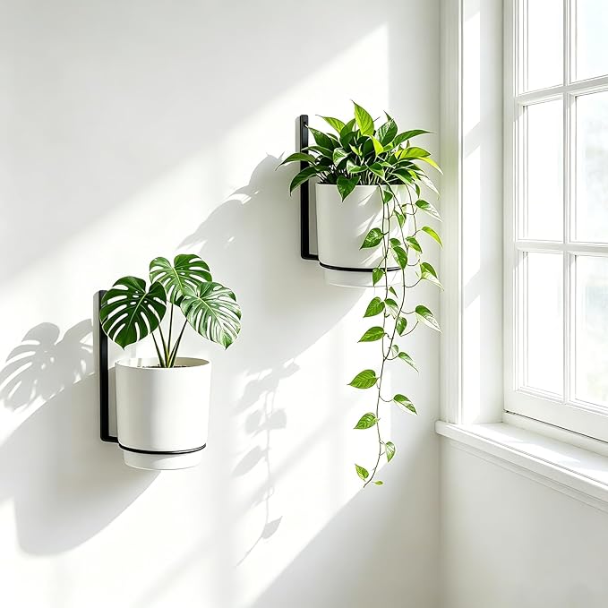 2 Pcs Wall Mounted Hanging Planter Vase for Indoor Outdoor Plants,Modern Metal Wall and Ceiling Hanging Flower Pot with Removable Flower Pot,Minimalist Decor for Herbs Succulents Flowers,5.1Inch,White