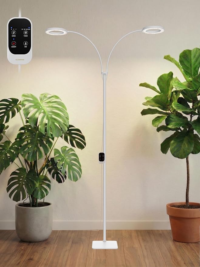 GLOWRIUM Grow Lights for Indoor Plants, 36W Full Spectrum 2-Head LED Plant Light with Stand, Adjustable Height, 3/9/12H Timer, 6 Dimmable Levels & 3 Lighting Modes (White-Double Head)